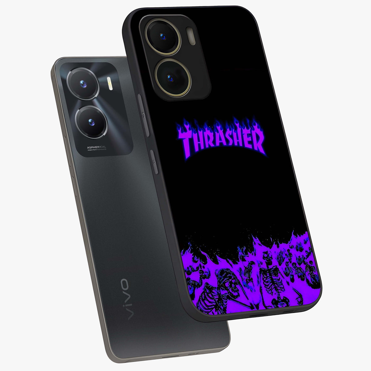 Neon Flame Riot Glass Case displayed in angled mockup highlighting glowing flame design with vibrant neon aesthetic.
