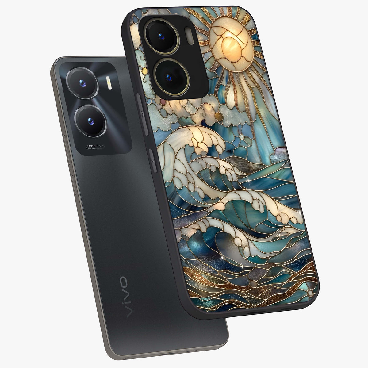 Oceanic Stained Printed Glass Case displayed in angled mockup highlighting colorful aquatic design with artistic aesthetic style.