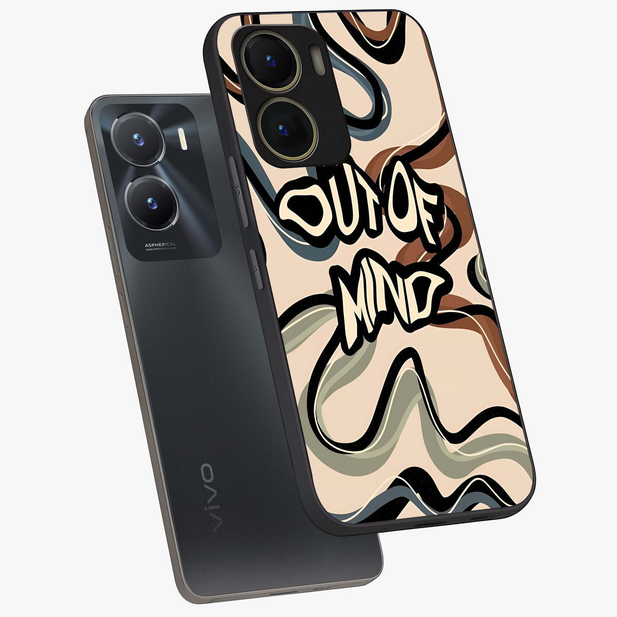 Out Of Mind Glass Case displayed in angled mockup highlighting bold statement design with modern artistic aesthetic.