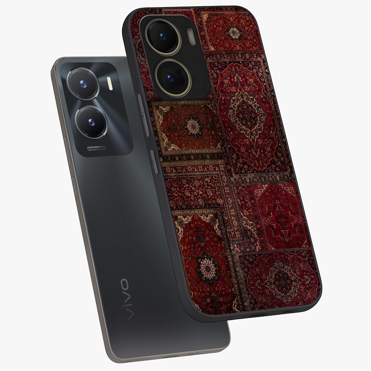 Persian Velvet Tale Glass Case displayed in angled mockup highlighting ornate textile inspired design with royal aesthetic.