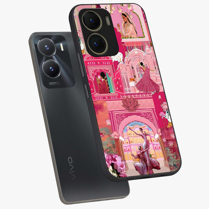 Pink Palace Muse Glass Case displayed in angled mockup highlighting dreamy palace illustration with soft pink aesthetic.