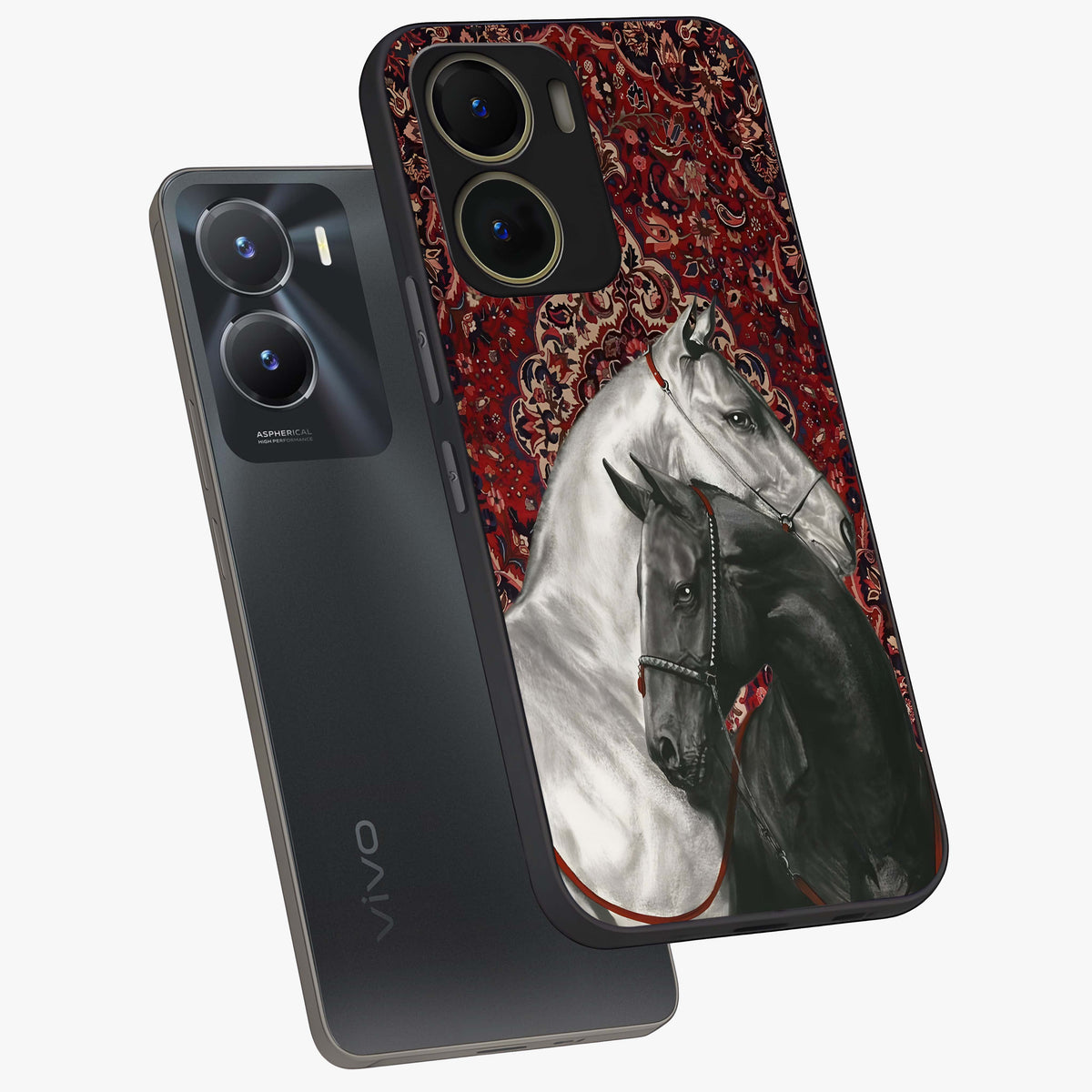 Regal Stallion Tapestry Glass Case displayed in angled mockup highlighting royal stallion design with decorative heritage aesthetic.