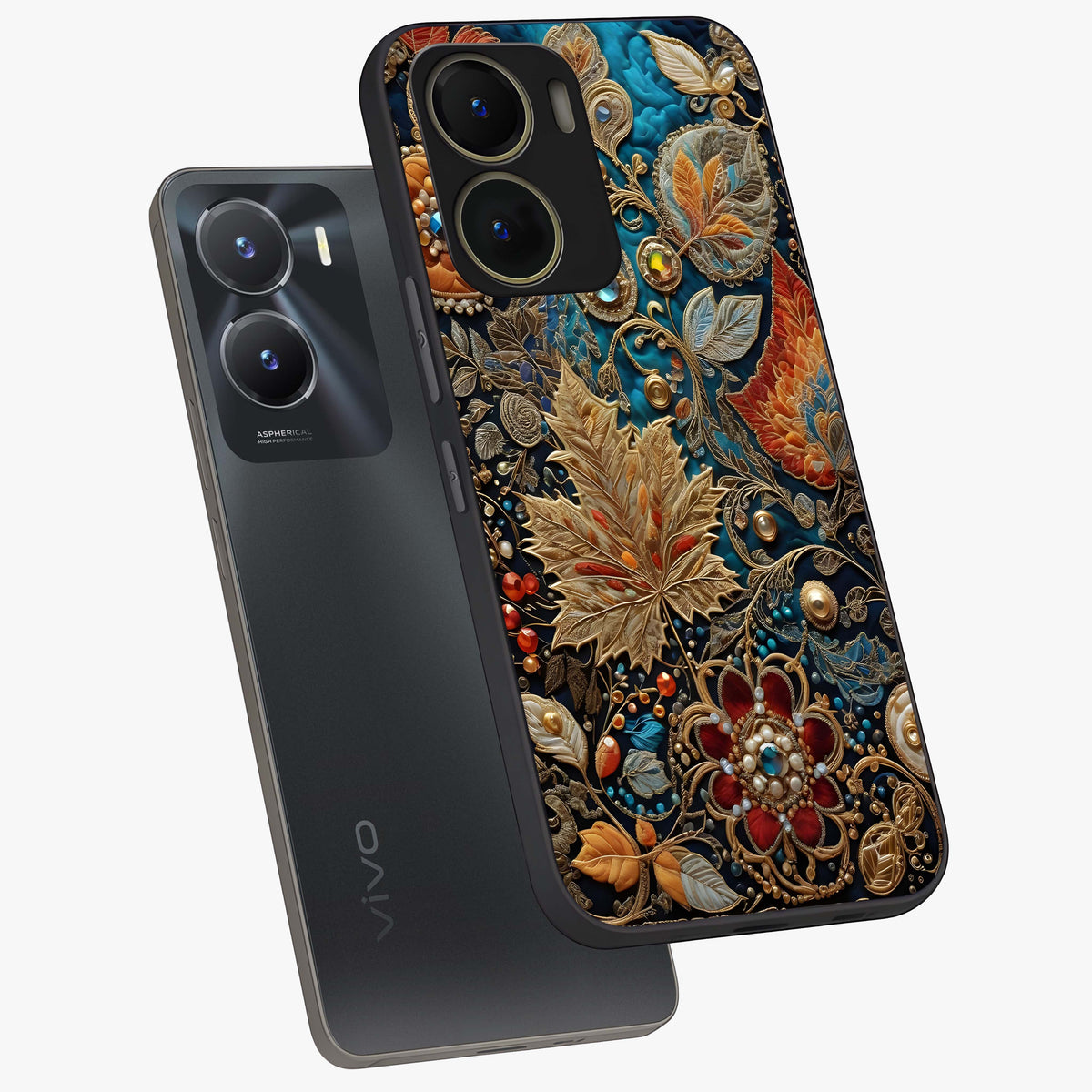 Royal Jewel Garden Glass Case displayed in angled mockup highlighting vibrant jewel inspired floral design with elegant aesthetic.