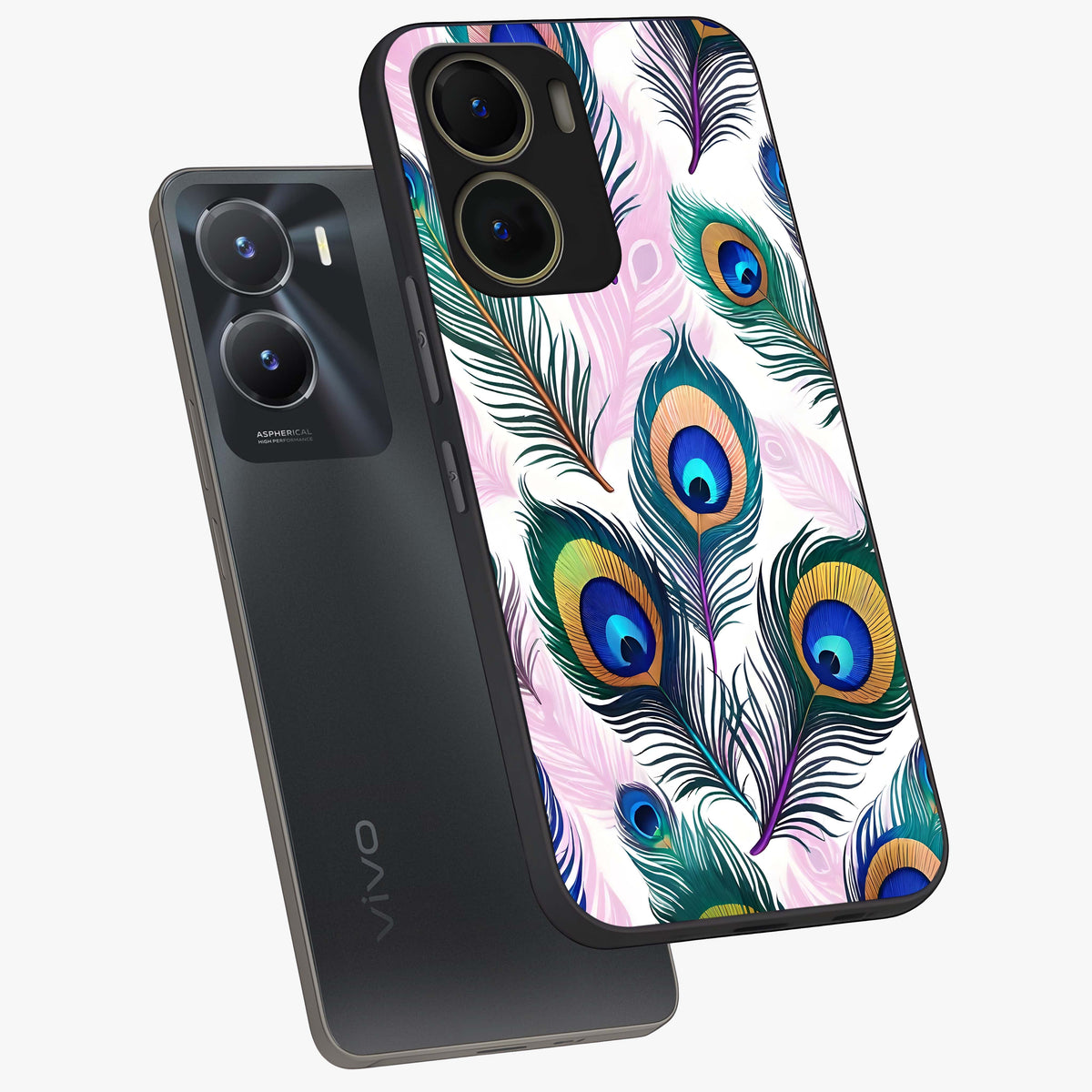 Royal Peacock Feathers Glass Case displayed in angled mockup highlighting vibrant feather pattern with regal aesthetic style.