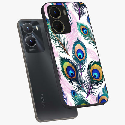 Royal Peacock Feathers Glass Case displayed in angled mockup highlighting vibrant feather pattern with regal aesthetic style.
