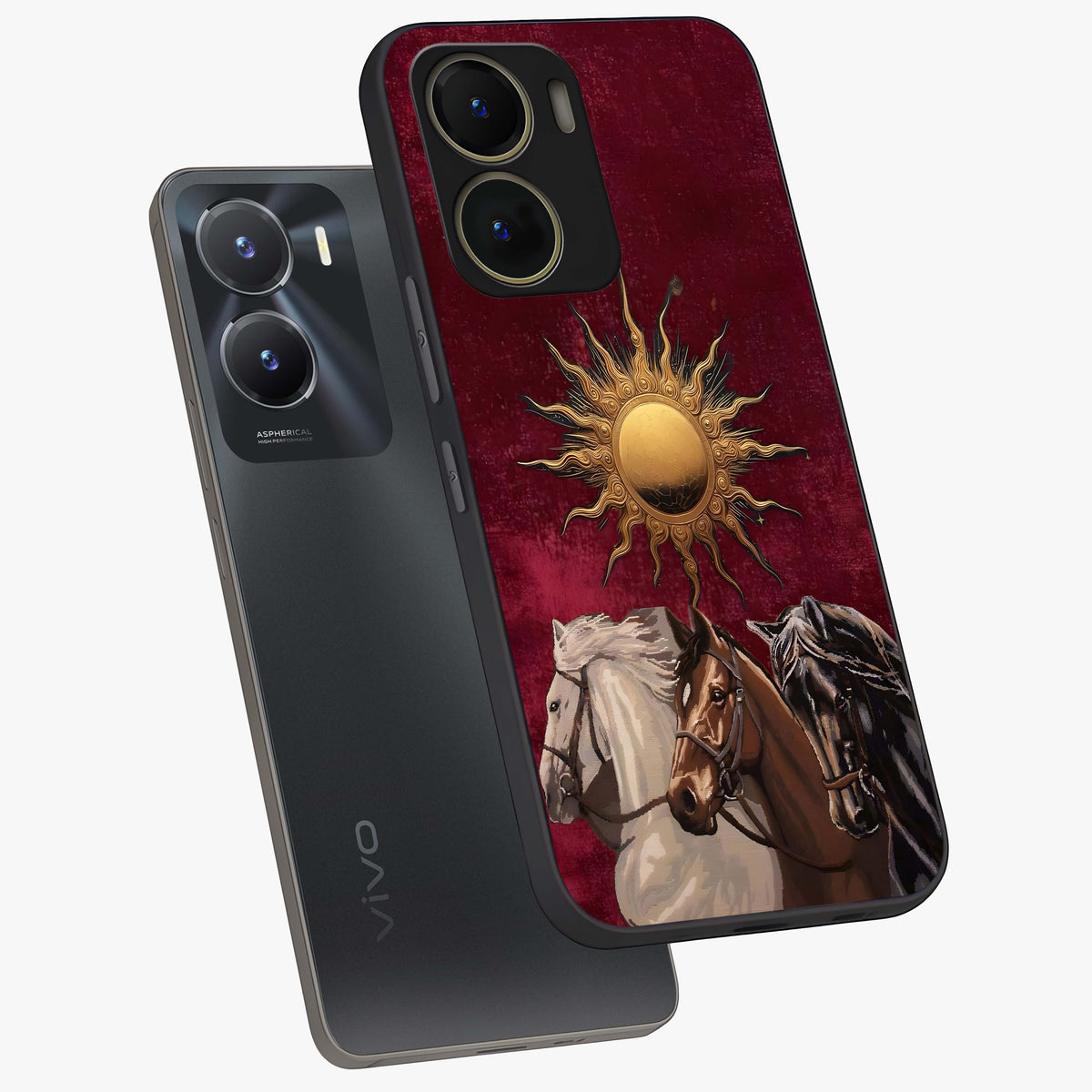 Solar Riders Glass Case displayed in angled mockup highlighting powerful rider illustration with radiant solar aesthetic.