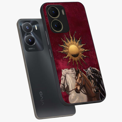 Solar Riders Glass Case displayed in angled mockup highlighting powerful rider illustration with radiant solar aesthetic.