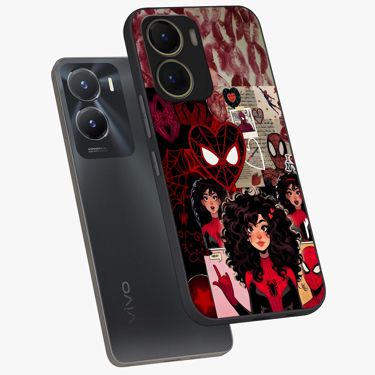 Spider Love Story Glass Case displayed in angled mockup highlighting expressive comic inspired design with playful aesthetic.