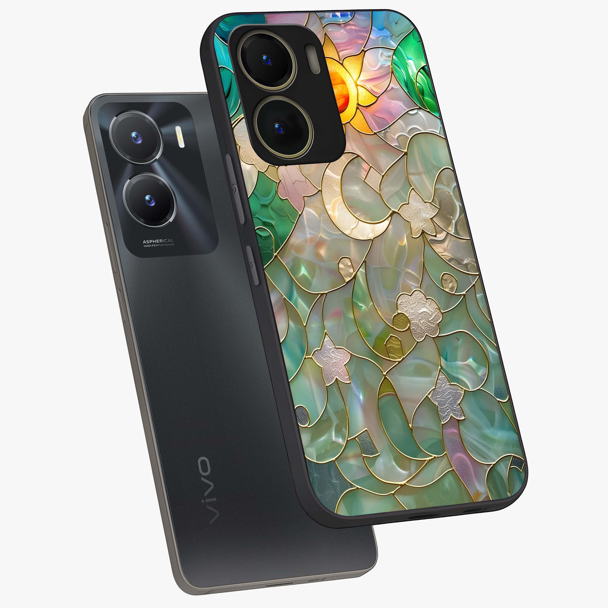 Stained Sunrise Glow Glass Case displayed in angled mockup highlighting radiant sunrise design with artistic aesthetic style.