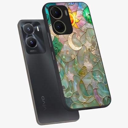 Stained Sunrise Glow Glass Case displayed in angled mockup highlighting radiant sunrise design with artistic aesthetic style.