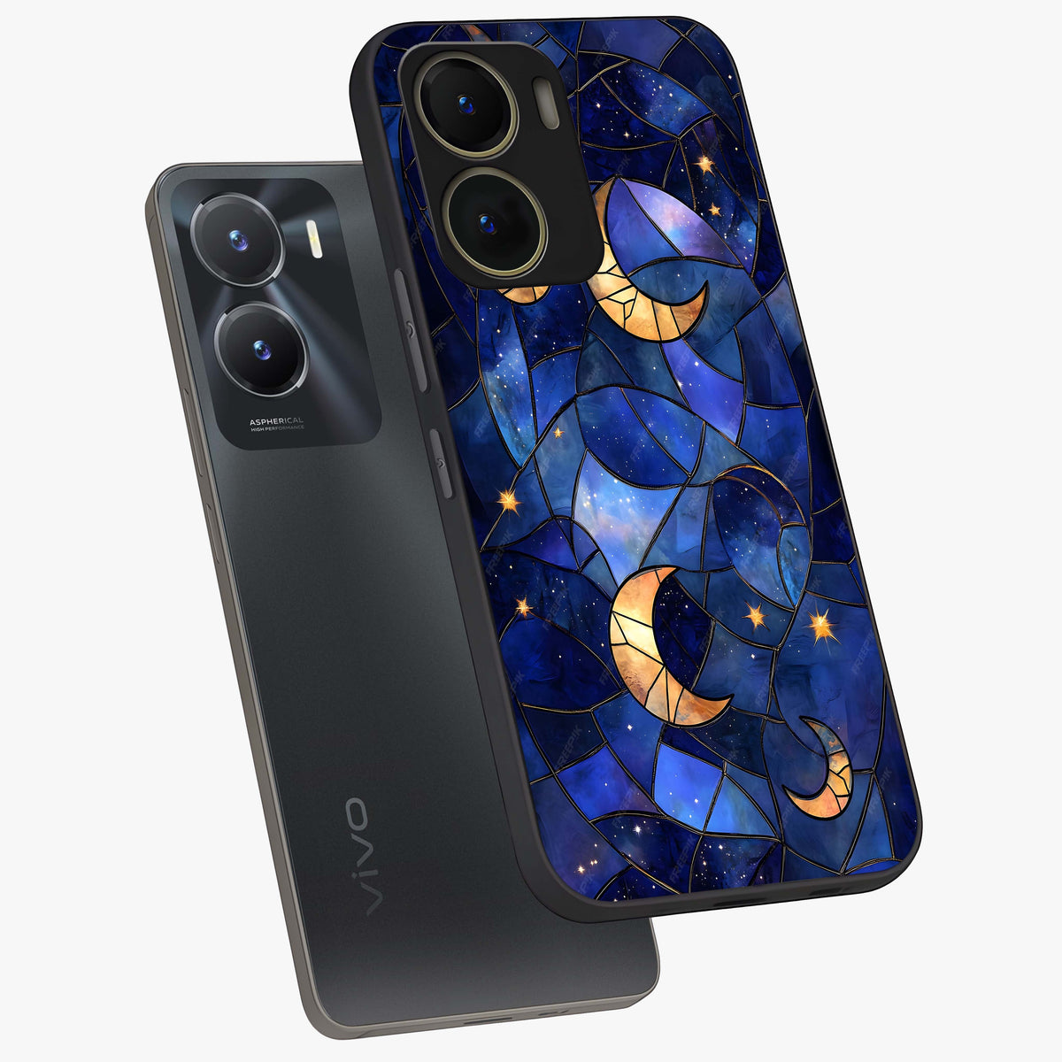 Starlit Sky Tapestry Glass Case displayed in angled mockup highlighting celestial night pattern with artistic aesthetic style.
