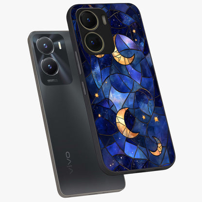 Starlit Sky Tapestry Glass Case displayed in angled mockup highlighting celestial night pattern with artistic aesthetic style.