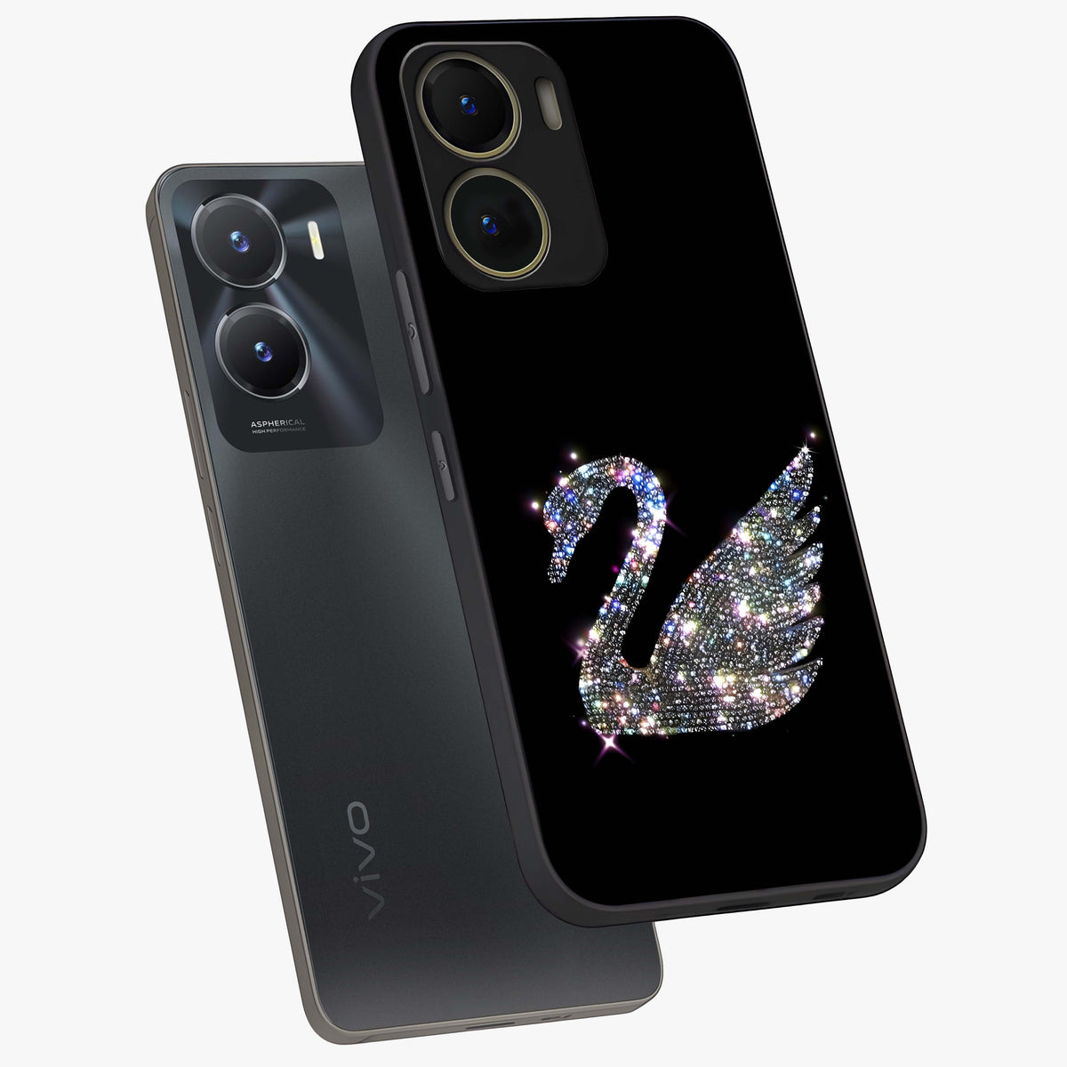 Starlit Swan Grace Glass Case displayed in angled mockup highlighting elegant swan illustration with dreamy celestial aesthetic.