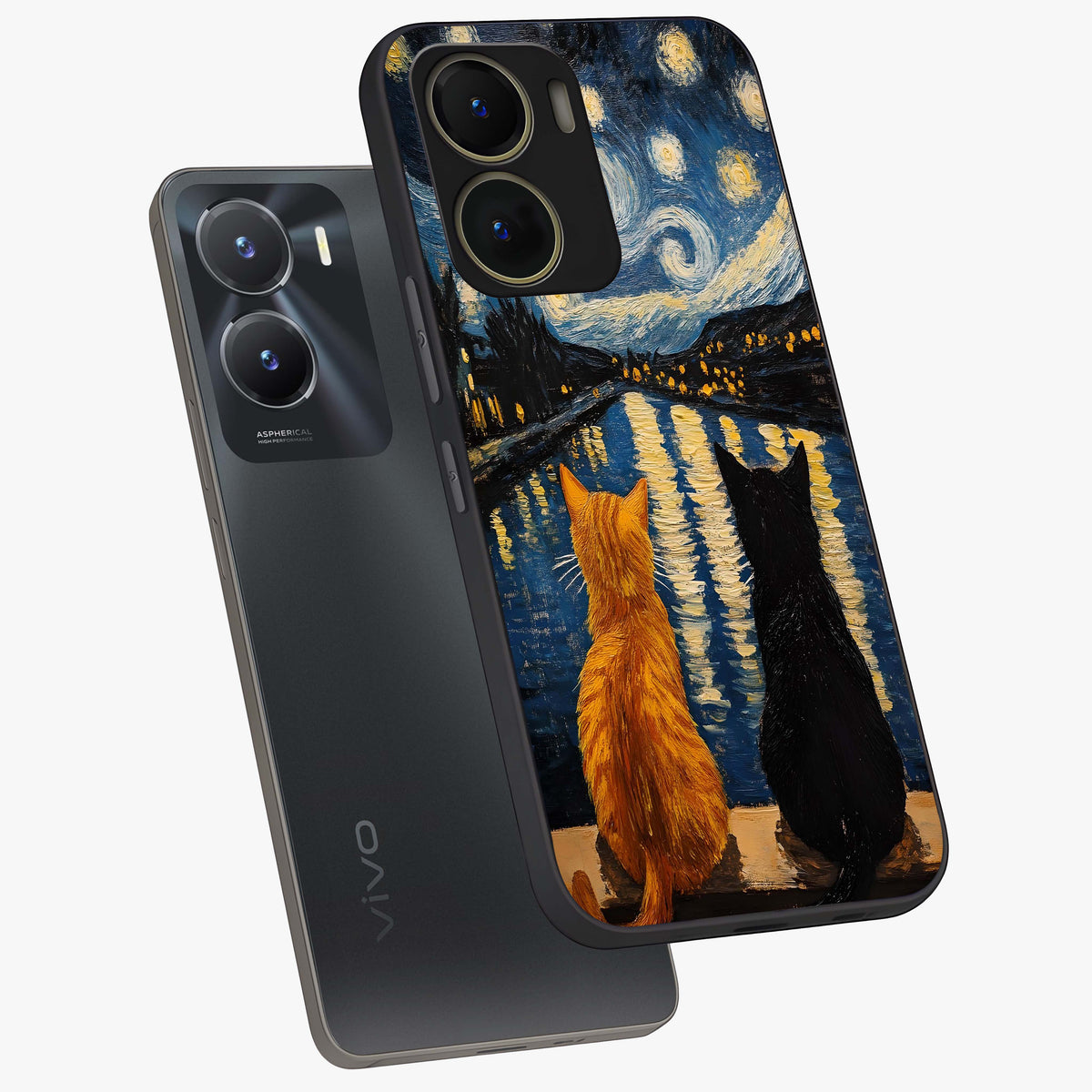Starry River Cats Glass Case displayed in angled mockup highlighting charming feline illustration with dreamy night aesthetic.
