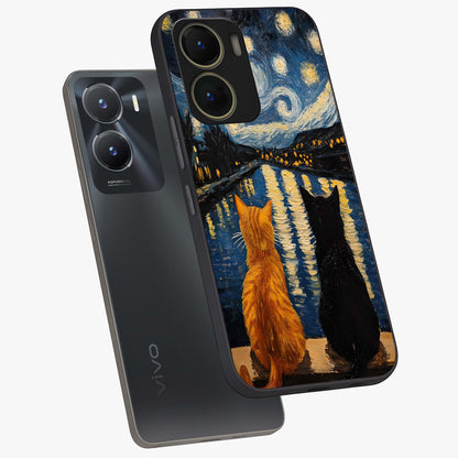 Starry River Cats Glass Case displayed in angled mockup highlighting charming feline illustration with dreamy night aesthetic.