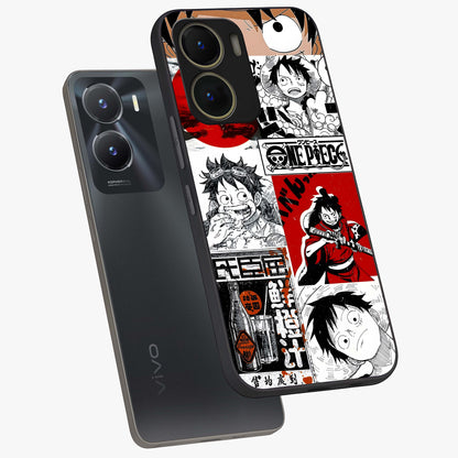 Strawhat Chaos Panels Glass Case displayed in angled mockup highlighting vibrant anime collage design with action aesthetic.