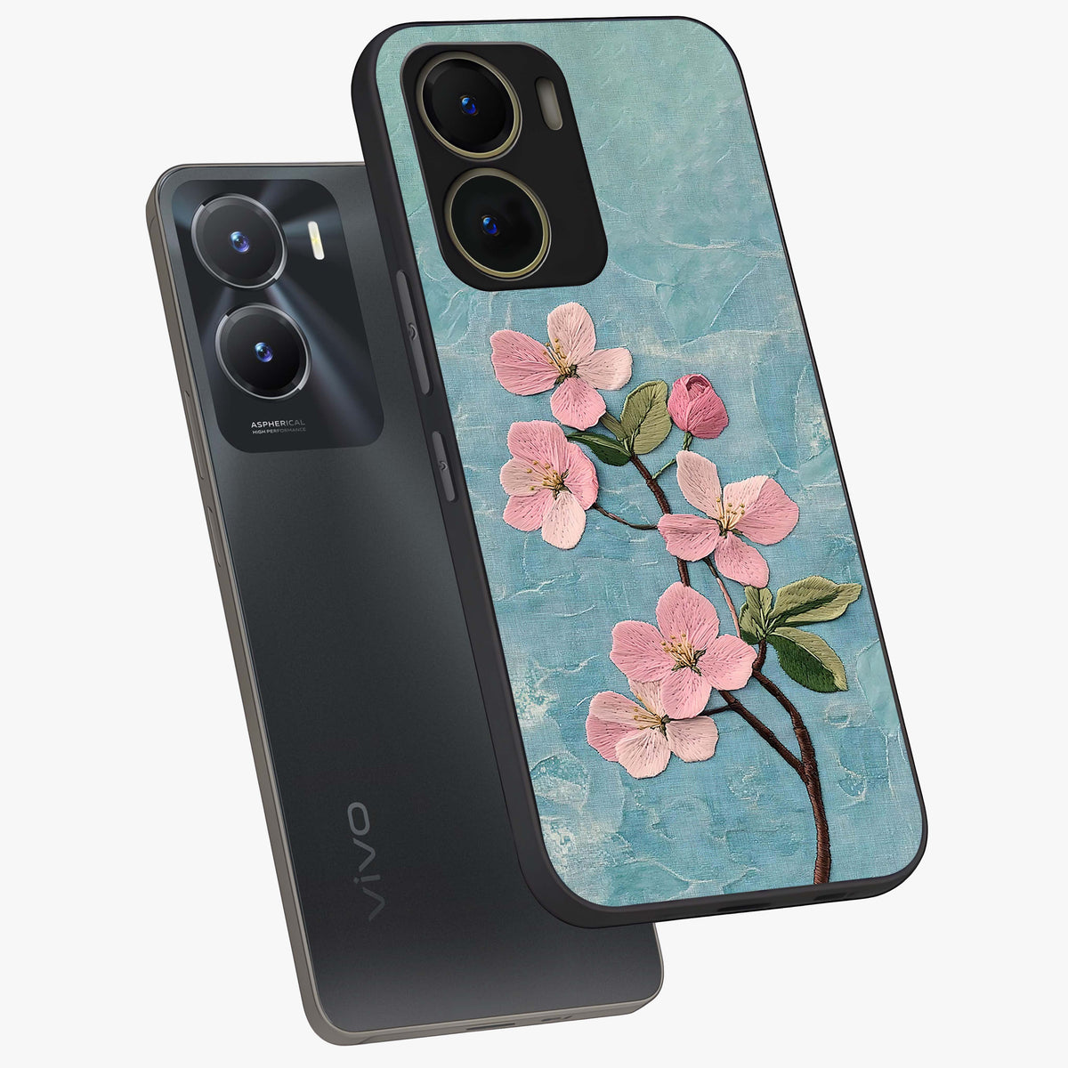 Threaded Blossom Breeze Glass Case displayed in angled mockup highlighting elegant floral design with soft aesthetic style.
