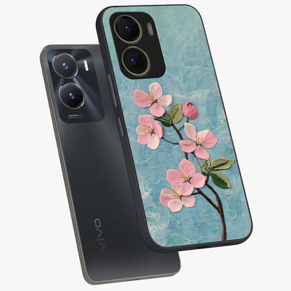 Threaded Blossom Breeze Glass Case displayed in angled mockup highlighting elegant floral design with soft aesthetic style.