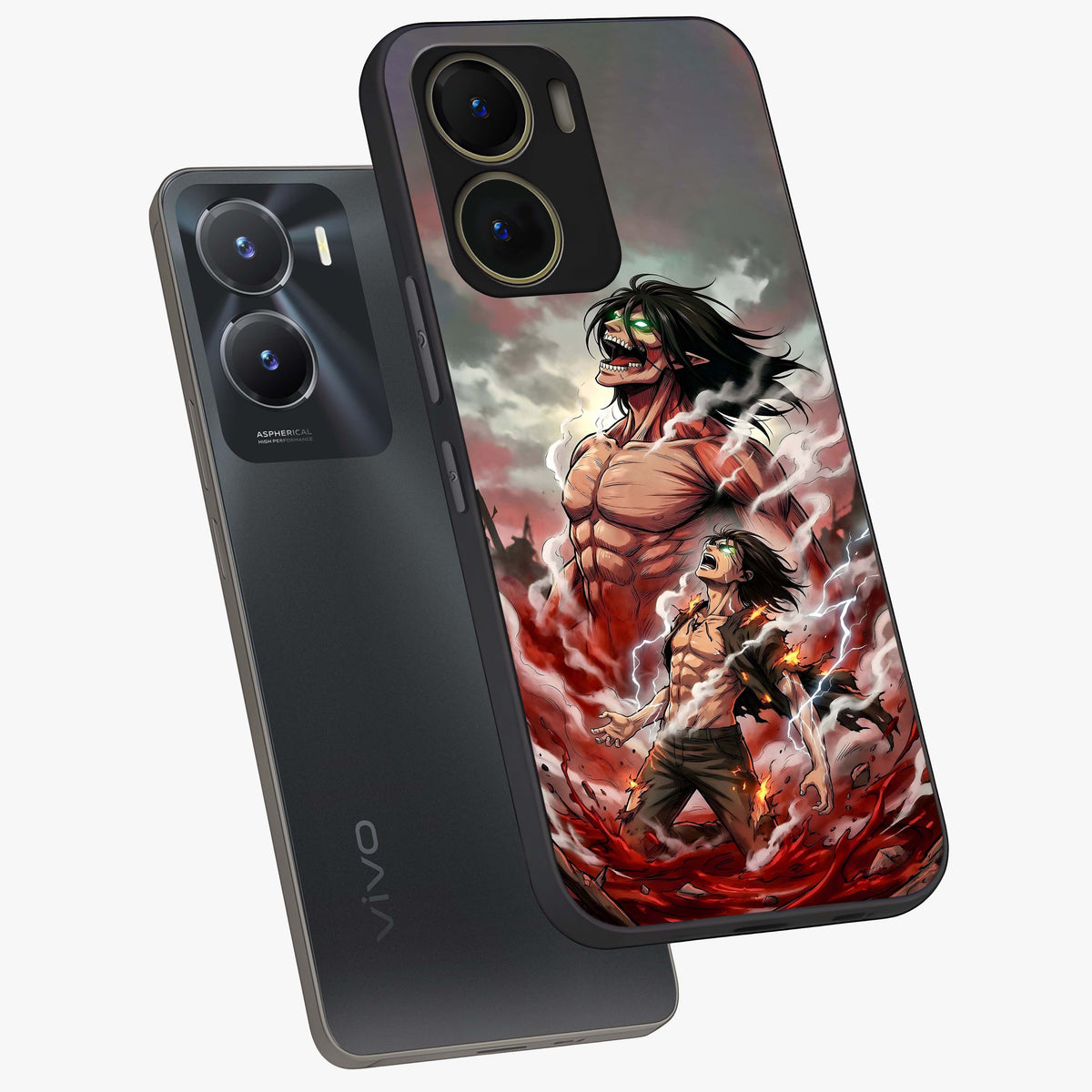 Titan Awakening Fury Glass Case displayed in angled mockup highlighting dramatic giant warrior design with bold anime aesthetic.