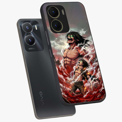 Titan Awakening Fury Glass Case displayed in angled mockup highlighting dramatic giant warrior design with bold anime aesthetic.