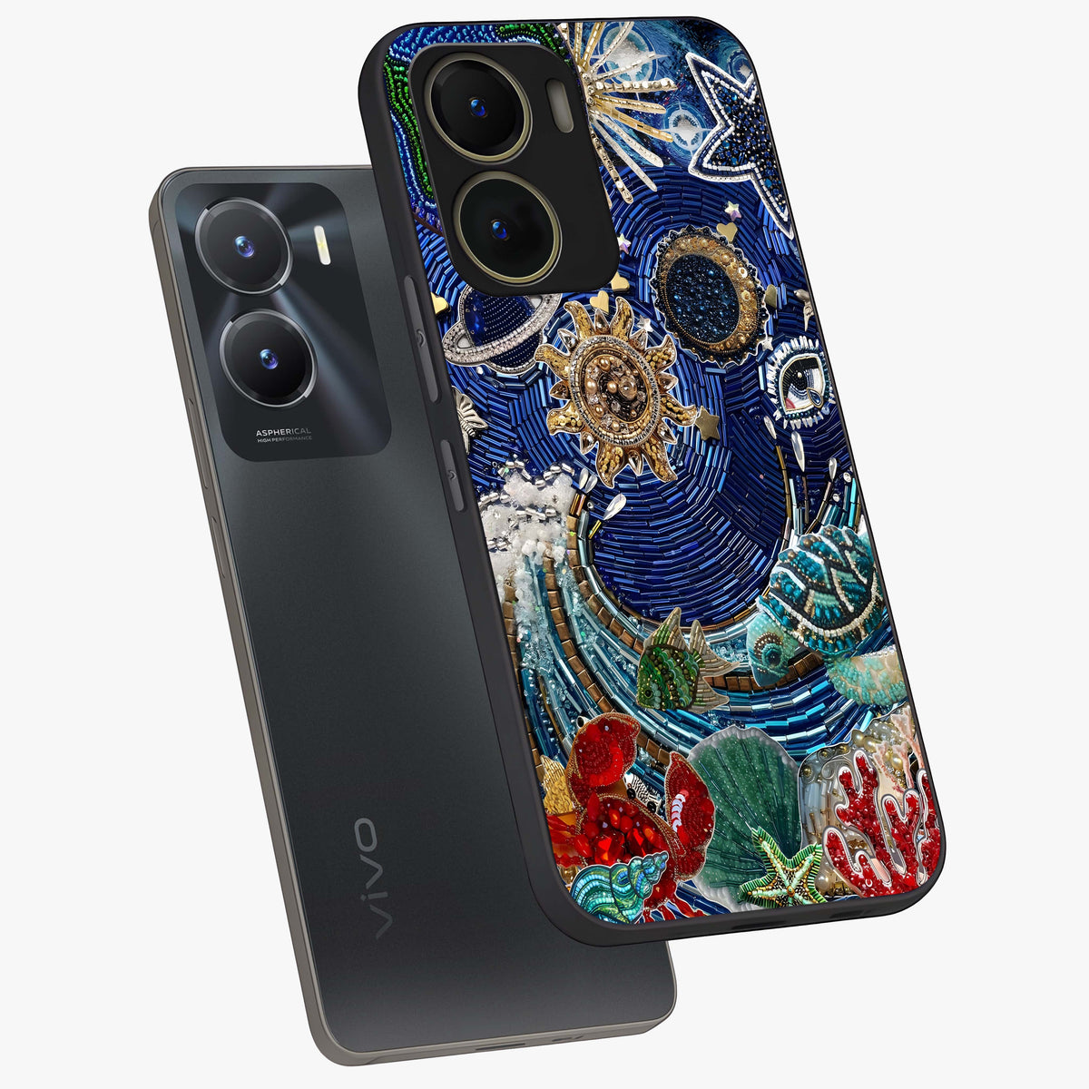 Universe Underwater Spark Glass Case displayed in angled mockup highlighting glowing aquatic design with celestial aesthetic.