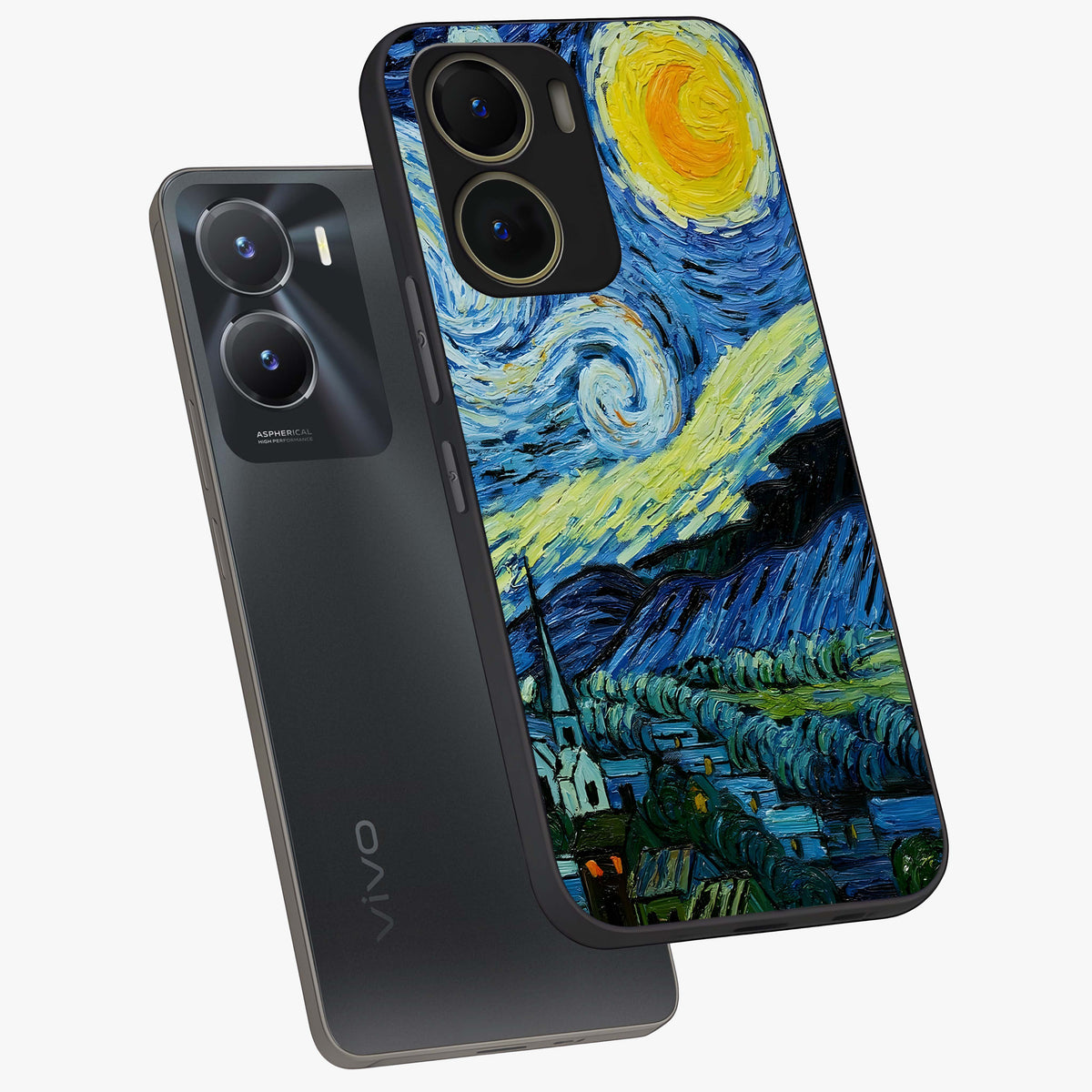 Van Gogh Art Glass Case displayed in angled mockup highlighting swirling brushstroke design with artistic aesthetic.