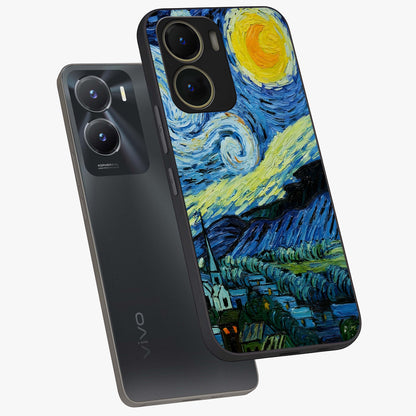 Van Gogh Art Glass Case displayed in angled mockup highlighting swirling brushstroke design with artistic aesthetic.
