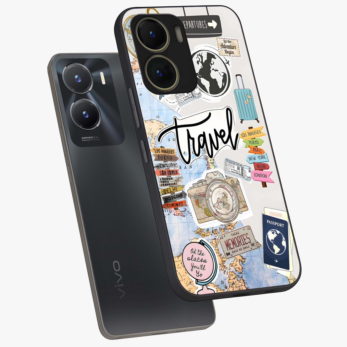 Wanderlust Journal Glass Case displayed in angled mockup highlighting adventure themed design with aesthetic travel vibe.
