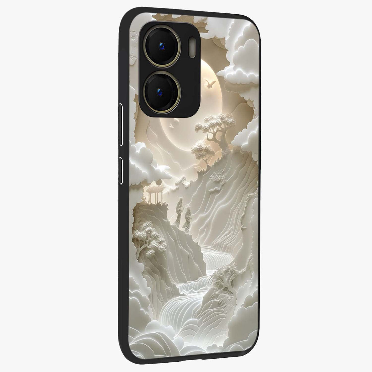 Celestial Origami Glass Case upright view showcasing creative origami artwork with modern celestial style.