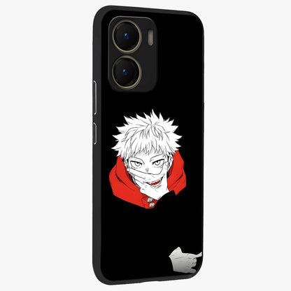 Crimson Chaos Smile Glass Case upright view showcasing expressive chaotic artwork with striking visual theme.
