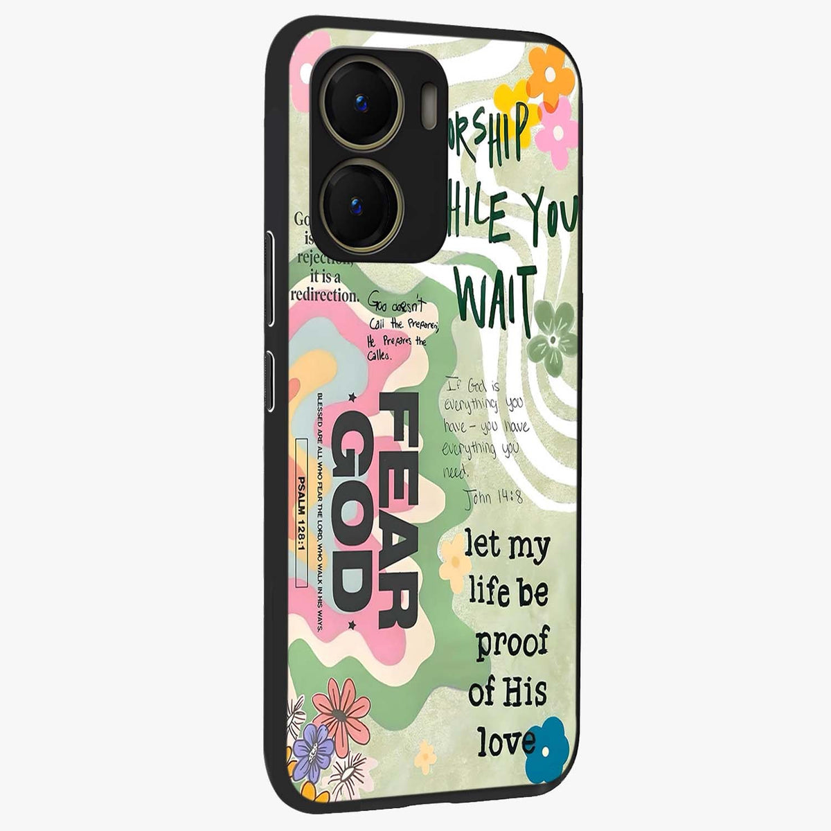 Faith Over Fear Glass Case upright view showcasing bold typography artwork with uplifting motivational theme.