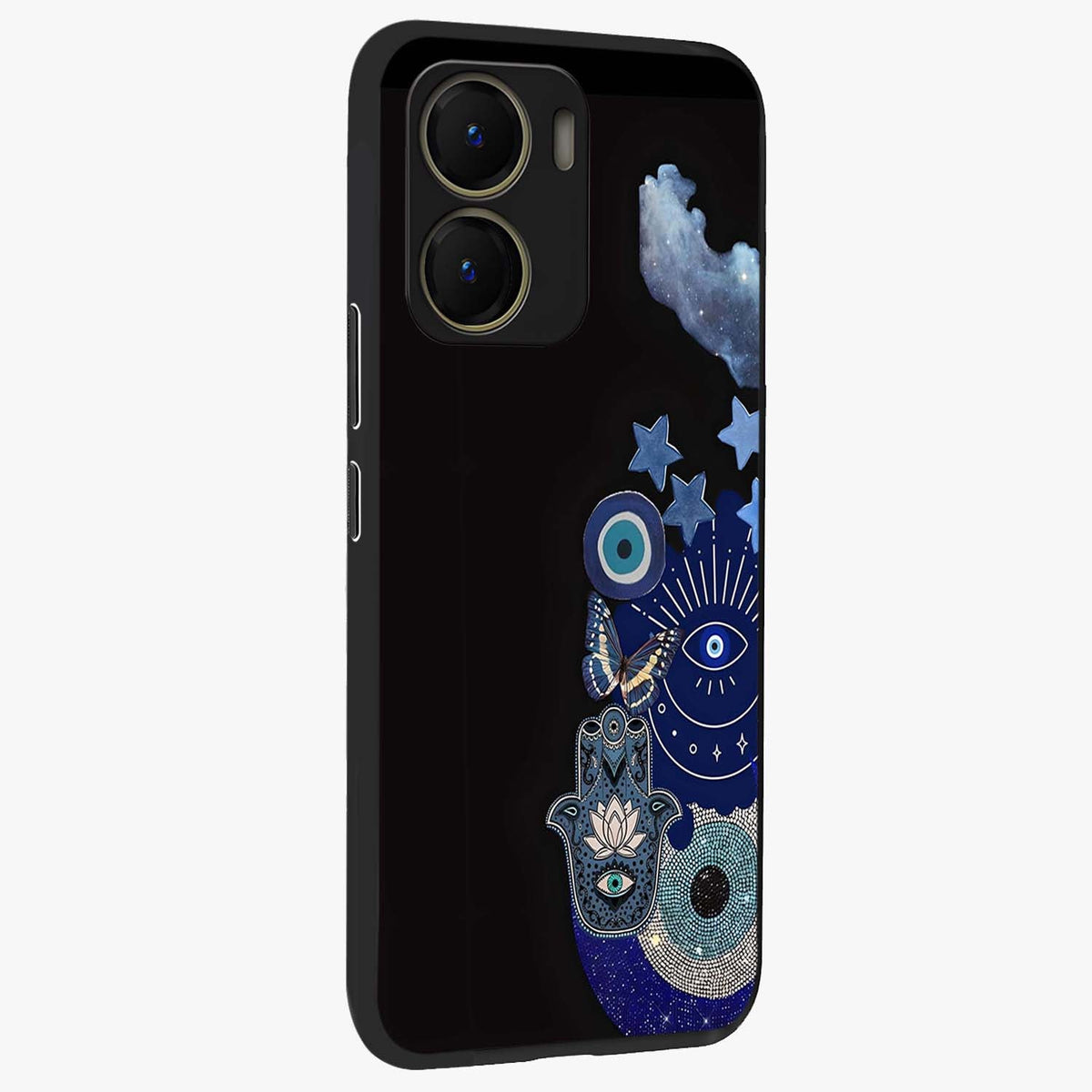 Galactic Charm Cluster Glass Case upright view showcasing glowing cosmic charm artwork with magical celestial style.
