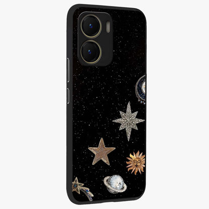 Galactic Charm Glow Glass Case upright view showcasing glowing cosmic charm artwork with magical celestial style.