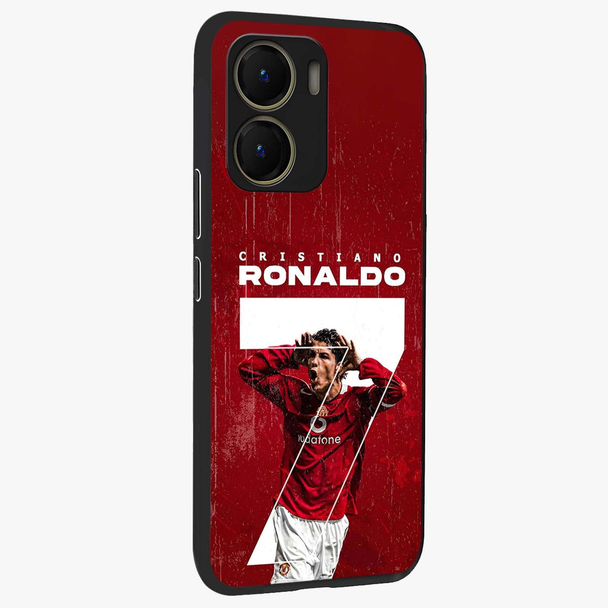 Goal Celebration Legacy Glass Case upright view showcasing dynamic football inspired artwork with victory celebration aesthetic.