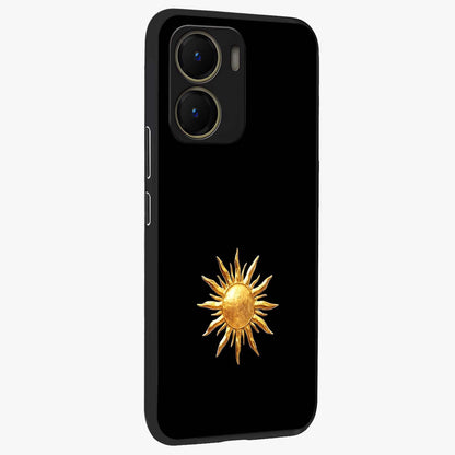 Golden Sun Minimalism Glass Case upright view showcasing haunting graveyard artwork with dramatic dark theme.