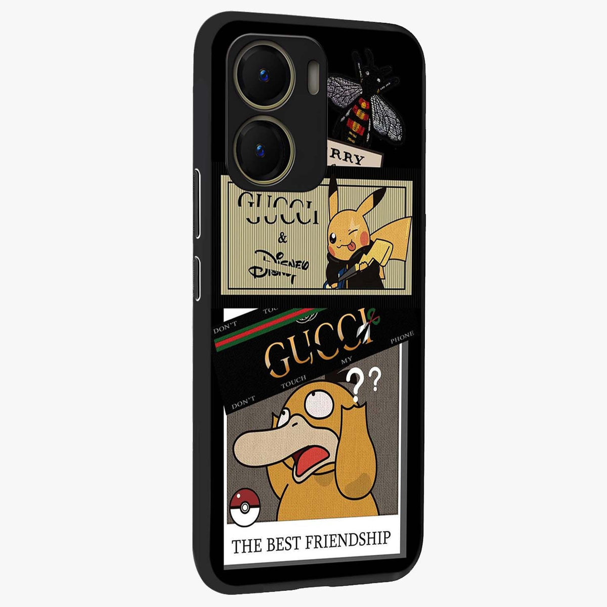 Gucci Play Mashup Glass Case upright view showcasing trendy luxury inspired artwork with modern fashion theme.