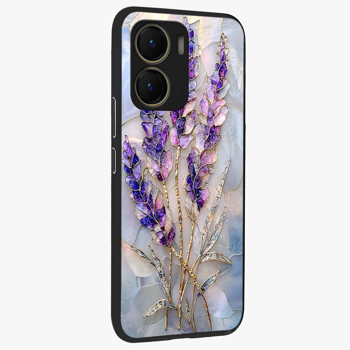 Lavender Dream Glow Glass Case upright view showcasing radiant lavender glow artwork with calming dreamy theme.