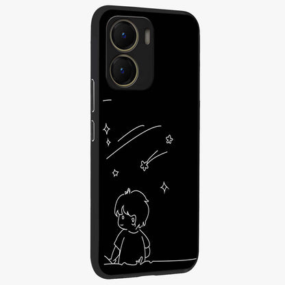 Line Art Boy With Shooting Stars Glass Case upright view showcasing artistic shooting star illustration with minimal style.