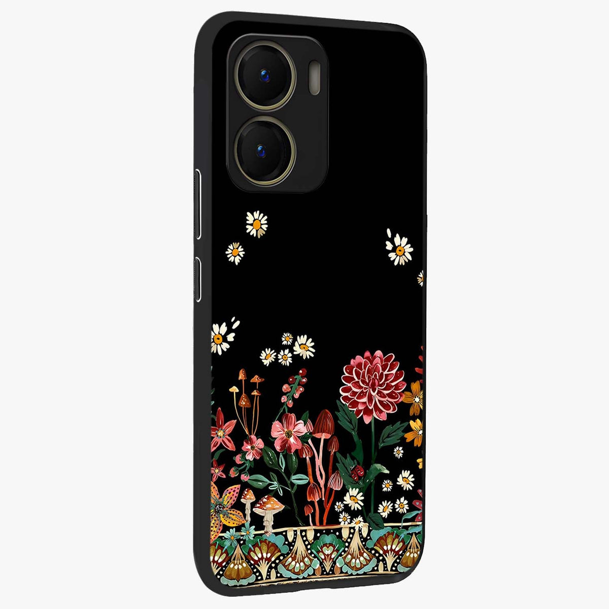 Midnight Bloom Pattern Glass Case upright view showcasing decorative floral artwork with deep night themed palette.