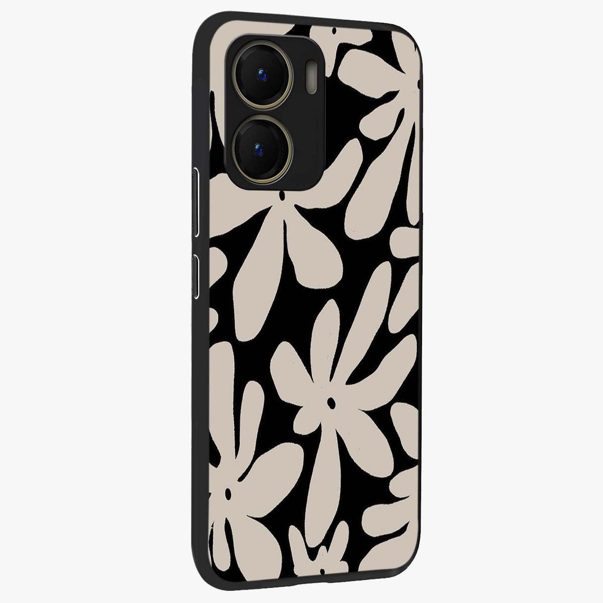 Monochrome Petal Dance Glass Case upright view showcasing artistic floral pattern with stylish monochrome theme.