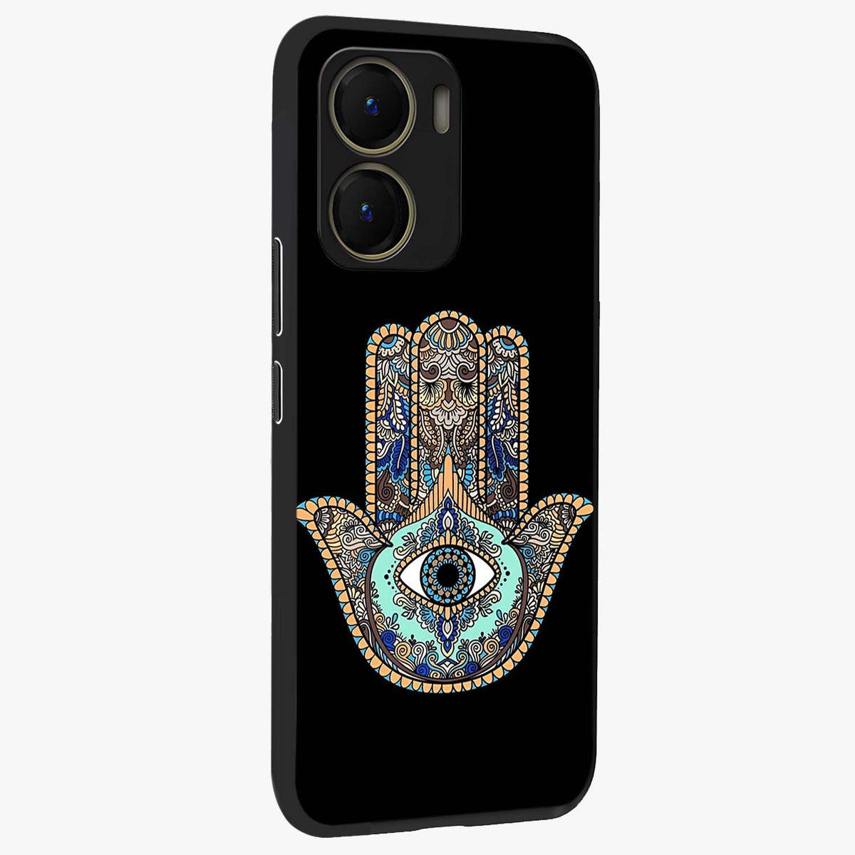 Mystic Hamsa Eye Glass Case upright view showcasing detailed hamsa eye artwork with protective spiritual theme.