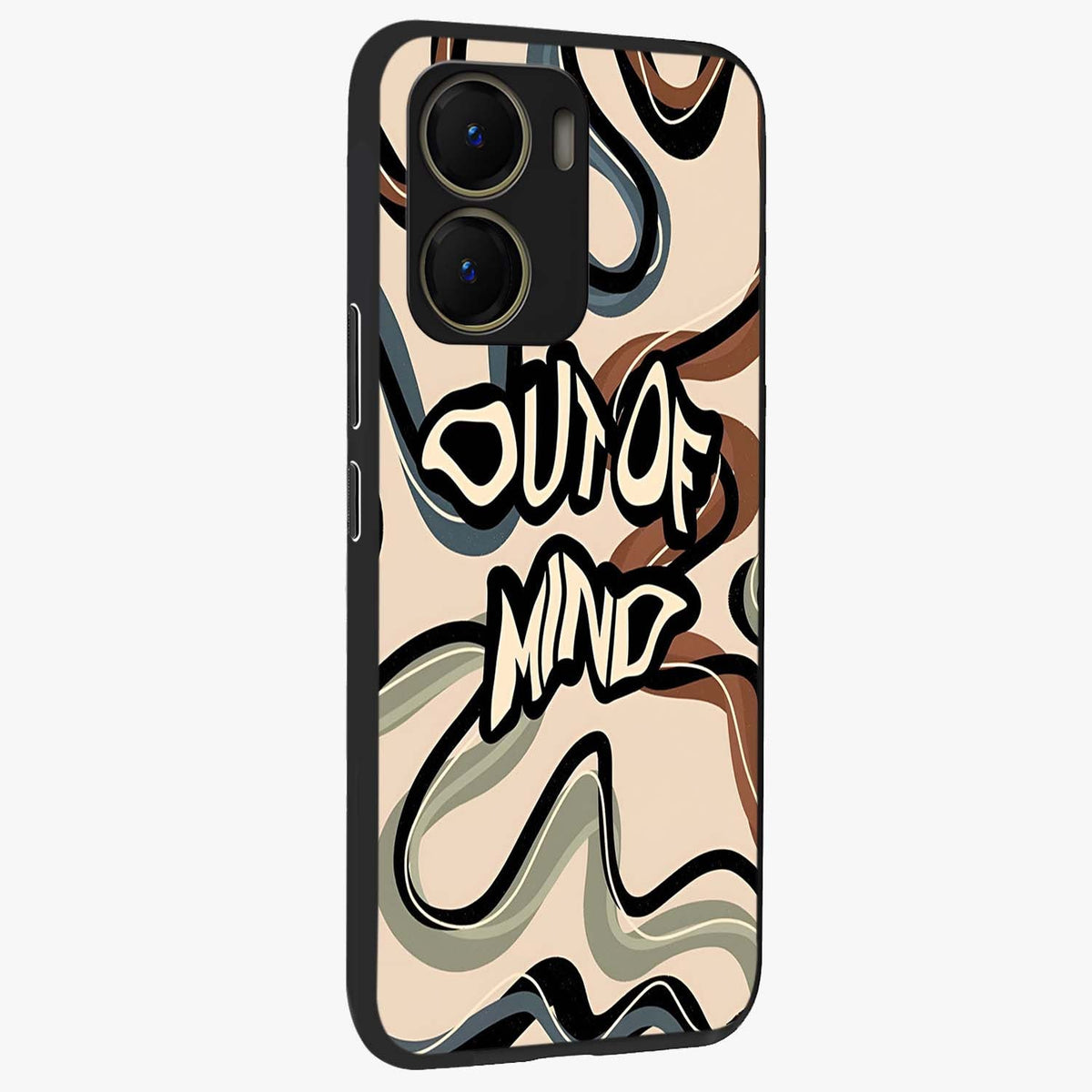 Out Of Mind Glass Case upright view showcasing striking typography artwork with edgy conceptual theme.