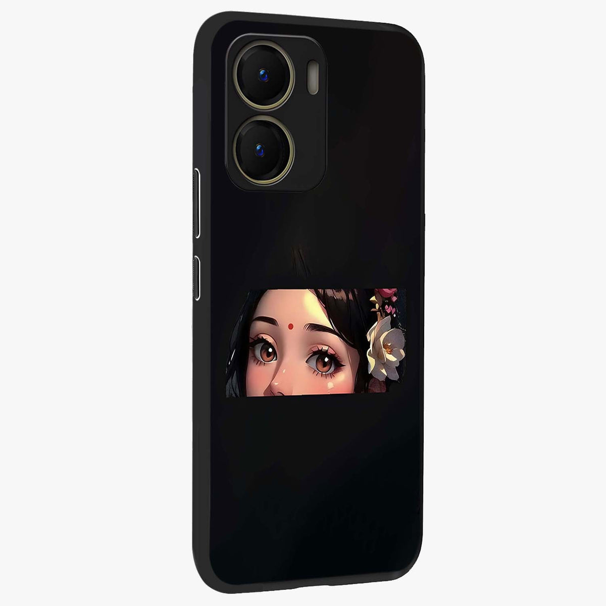 Radha Divine Embrace Glass Case upright view showcasing sacred Radha themed artwork with peaceful devotional style.