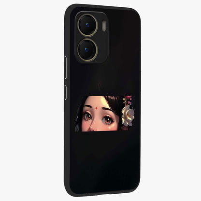 Radha Divine Embrace Glass Case upright view showcasing sacred Radha themed artwork with peaceful devotional style.
