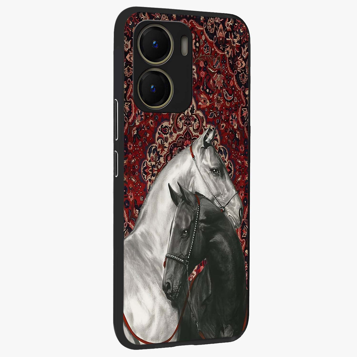 Regal Stallion Tapestry Glass Case upright view showcasing powerful horse artwork with elegant tapestry theme.