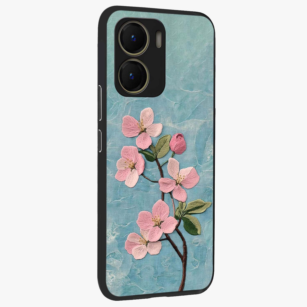 Threaded Blossom Breeze Glass Case upright view showcasing graceful flower artwork with calm botanical theme.