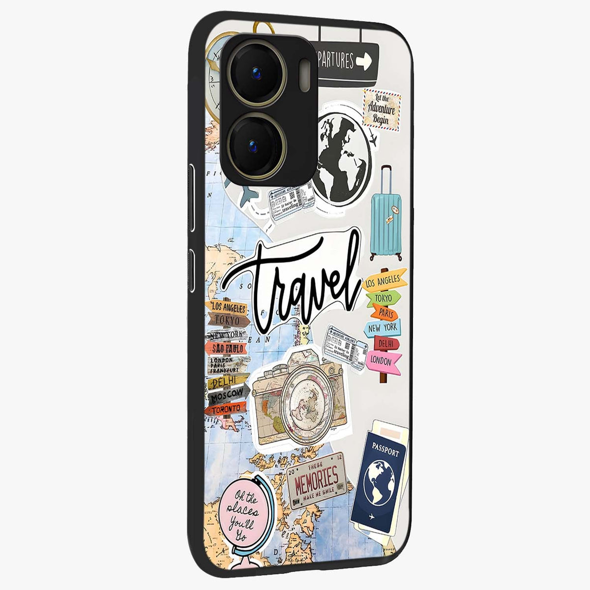 Wanderlust Journal Glass Case upright view showcasing wanderlust inspired artwork with creative exploration theme.