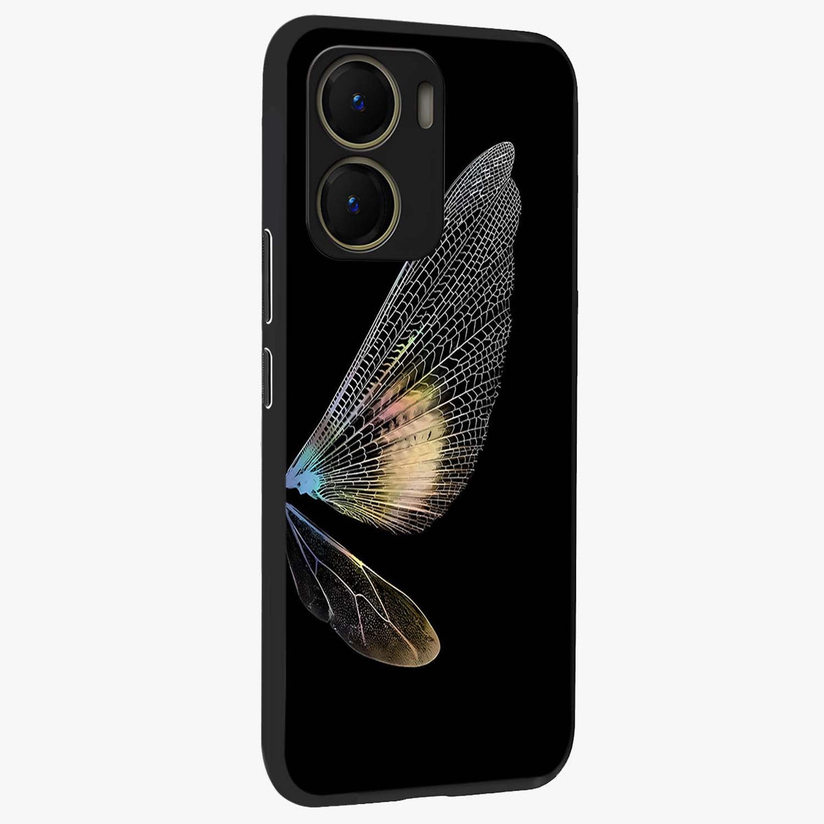 Whispers Of Wings Glass Case upright view showcasing elegant wing artwork with light airy theme.