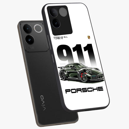 911 Turbo Dominance Glass Case displayed in premium angled mockup highlighting sporty car illustration and sleek glass surface.