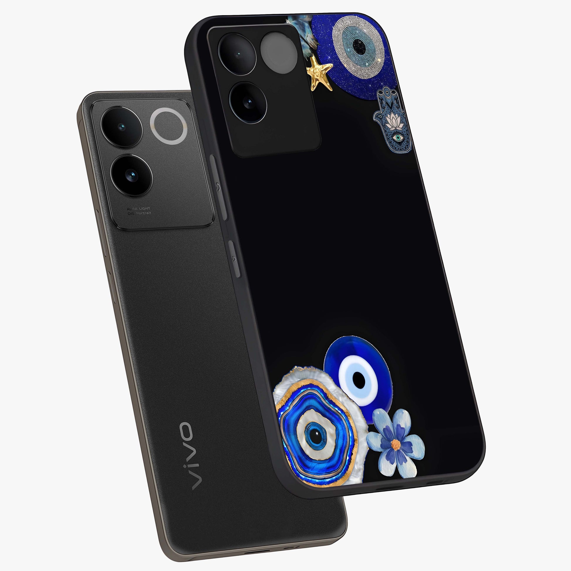 Aesthetic Blue Evil Eye Glass Case displayed in angled mockup highlighting blue evil eye symbol and spiritual aesthetic design.
